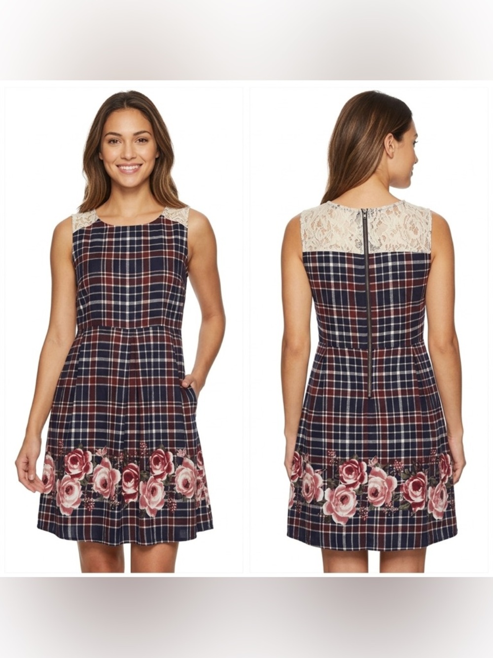 Xhilaration Navy Plaid Midi Dress with Pink Floral Design - Picture 1 of 14